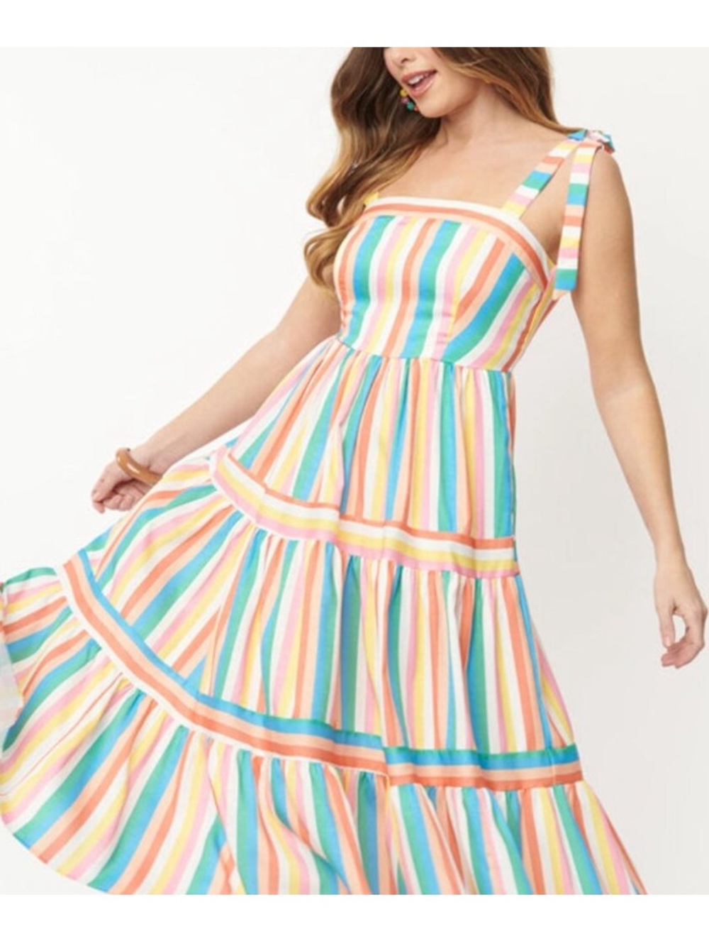Unique Vintage Bright Rainbow Striped Tie-Shoulder Dress